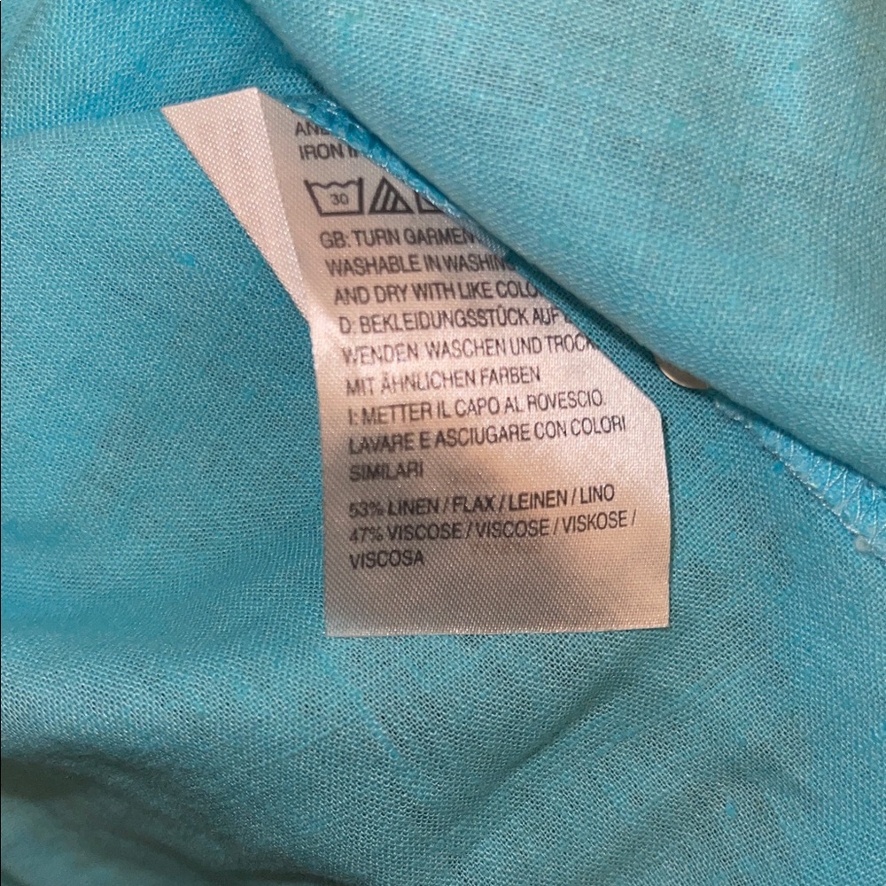 Candace Cameron Bure Linen Blend Turquoise Button-Down Shirt - Picture 3 of 5